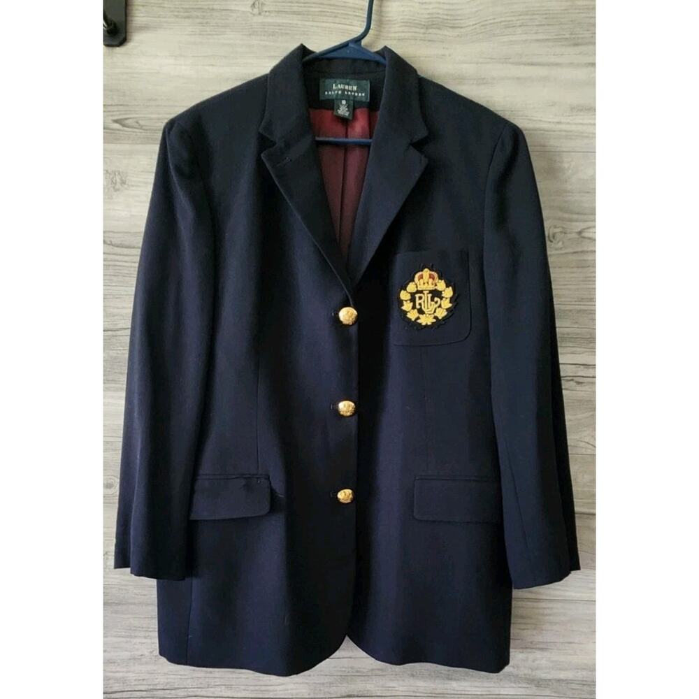 VTG Women's Lauren Ralph Lauren Suit Jacket Size 16 Navy Blue Gold Crown Crest L